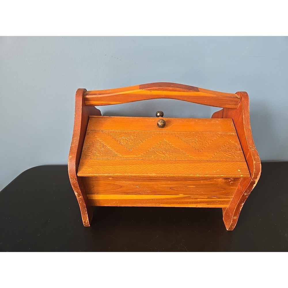 Vintage Wood Sewing Box Basket Double Hinged Top Engraved Wood Handle 10x7x8.5"